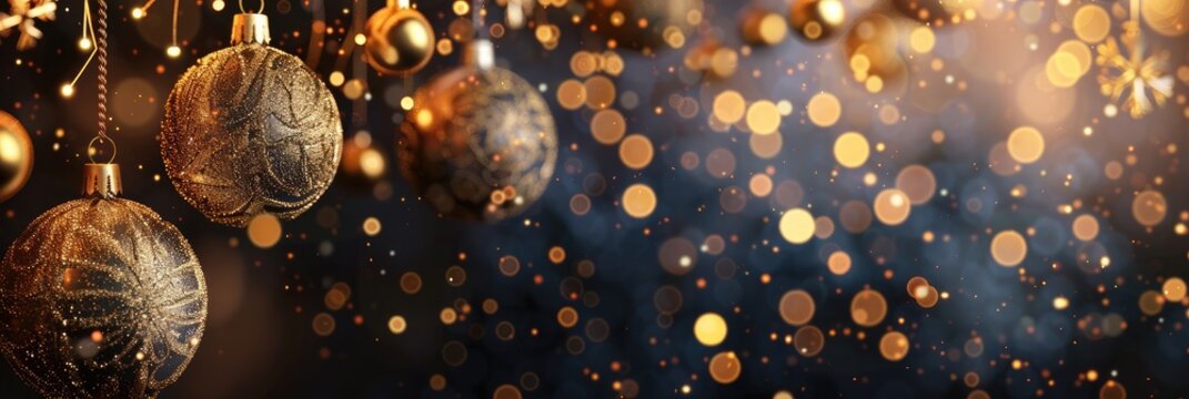 A luxurious design with hanging golden ornaments and twinkling lights along the top edge, providing a sophisticated backdrop for a Christmas sale announcement