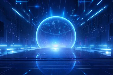 Futuristic Tunnel with Blue Lighting and Reflective Floor: A Dark Backdrop for Technological Concepts and Generative AI Themed Art.