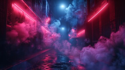 Neon lights illuminating a foggy, empty street with reflections and smoke creating a haunting mood.