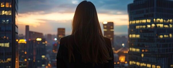 A woman gazes at a stunning sunset over a bustling city skyline, capturing a moment of reflection and serenity amid urban life.