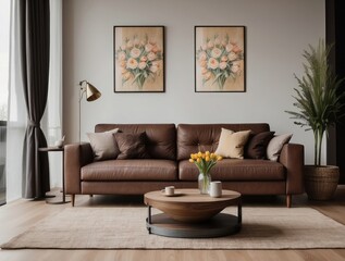 Modern living room with brown leather sofa, wooden coffee table, and floral art