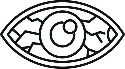 Black and white line drawing of a human eye with red veins, representing fatigue or conjunctivitis