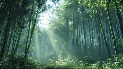 A dense bamboo forest with shafts of light illuminating the verdant green stalks.