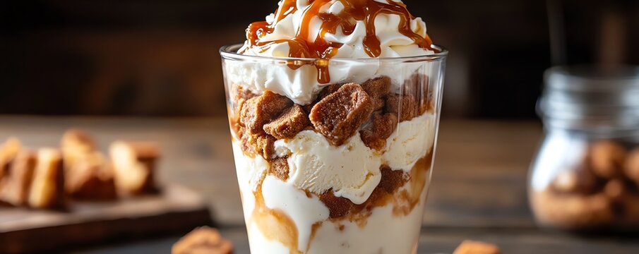 Layered ice cream parfait with chunks of beignet and taffy pieces, topped with whipped cream and caramel drizzle, ice cream parfait beignets taffy, layered dessert indulgence