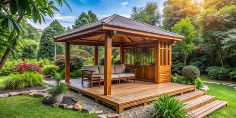Naklejka premium Wooden pavilion in the garden of a cozy house , wooden, pavilion, garden, house, wooden house, relaxation, peaceful