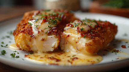 Chicken Cordon Bleu in a white plate, in a luxurious shop.