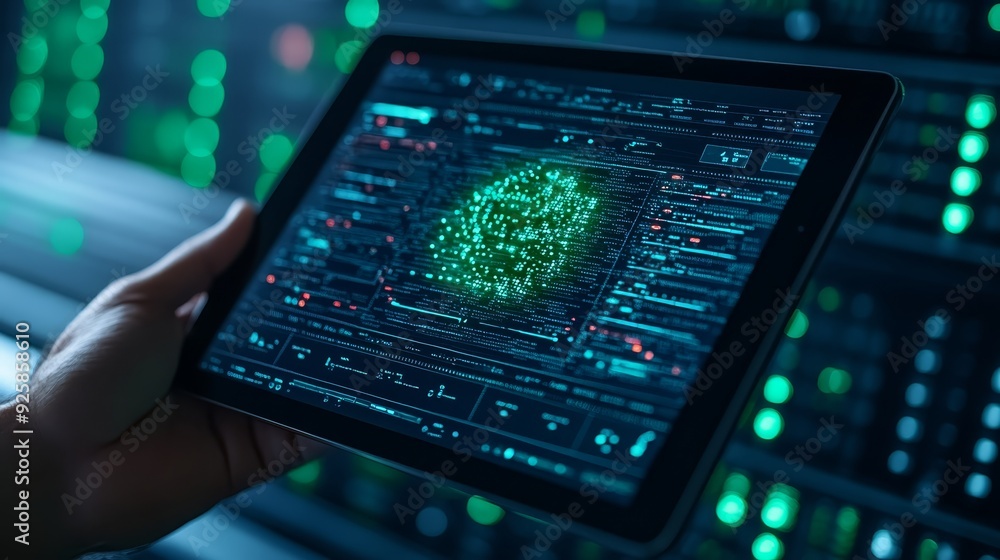 Poster cybersecurity analysis on tablet in data center