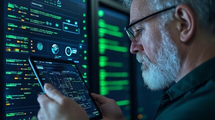 Senior engineer analyzing data on digital screens