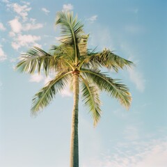 A single, tall palm tree stretches towards the blue sky with fluffy white clouds, evoking a sense of tropical serenity and timeless beauty.