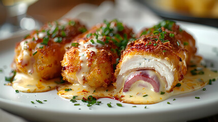 Chicken Cordon Bleu in a white plate, in a luxurious shop.