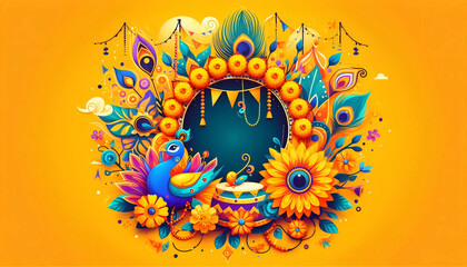 Celebrating happy Janmashtami festival of India, dahi handi Hindu festival of happy shree lord krishna god born with janmashtami background