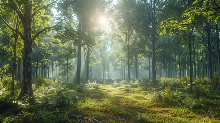 Obraz premium Serene forest with sunbeams filtering through the trees, creating a peaceful atmosphere