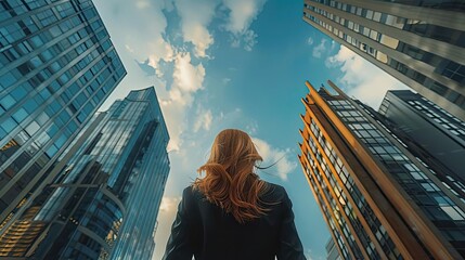 A woman gazes up at towering skyscrapers against a bright blue sky, embodying ambition and urban exploration in a modern city.