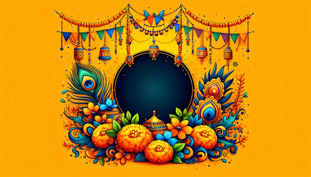 Celebrating happy Janmashtami festival of India, dahi handi Hindu festival of happy shree lord krishna god born with janmashtami background