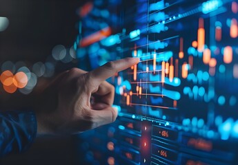 Businessman touching on digital screen with stock market graph and chart background, hand pointing at virtual interface.