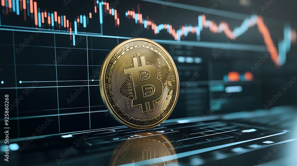Aufkleber a golden bitcoin cryptocurrency coin sits on a keyboard in front of a computer screen displaying a f