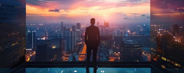 A silhouette of a man gazing at a stunning city skyline during sunset, reflecting ambition and tranquility.