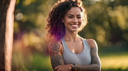 Young Woman with Curly Hair Proudly Displaying Tattoo and Smiling Outdoors