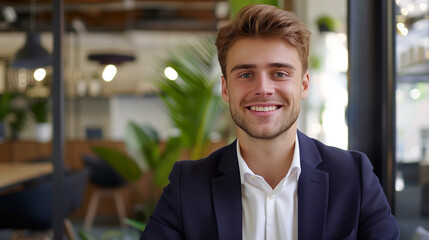 Obraz premium Portrait of a young male teacher in a suit, sitting in a classroom
