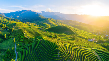 Fototapeta premium breathtaking view of lush green terraced fields under bright sky, evoking sense of tranquility and natural beauty.