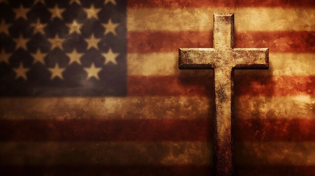 A golden cross stands in front of a blurred image of the American flag with a grunge effect.