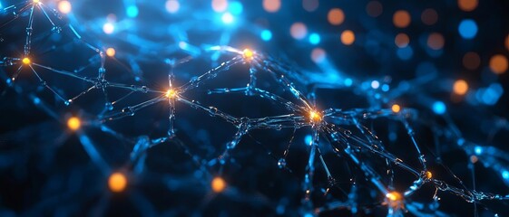 Obraz premium Abstract network illustration with glowing nodes and colorful lights, representing technology, data transfer, and connectivity.