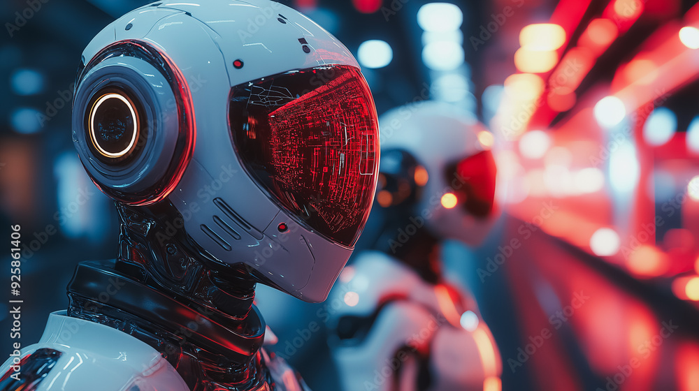 Poster robot ai policies in a minimalist style, futuristic guidelines, high-tech environment, clean and unc