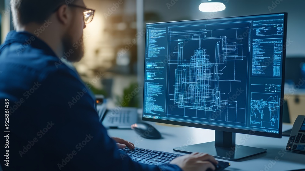 Poster engineer working on cad software in office