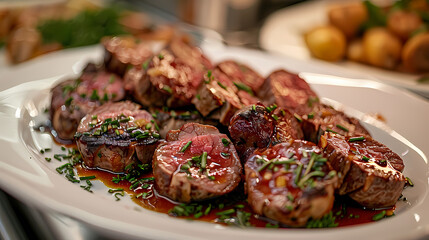 Gigot d'Agneau in a white plate, in a luxurious shop.
