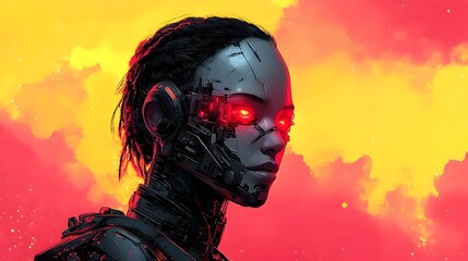 Dystopian Mech Character with Vibrant Neon Backdrop and Intense Contrast