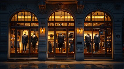 Quiet night at a high-end boutique, soft indoor lights illuminating stylish mannequins in the windows, elegant and upscale facade, few pedestrians, serene and sophisticated atmosphere,