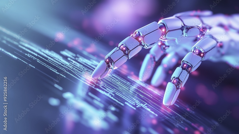 Poster futuristic robot hand interacting with digital data