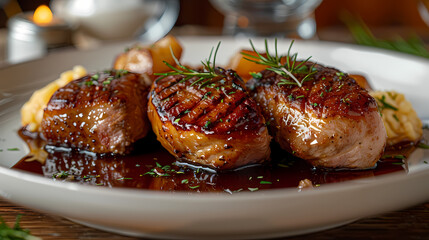 Magret de Canard in a white plate, in a luxurious shop.