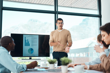 Data, business people and group presentation on screen for training, creative or analysis. Team,...