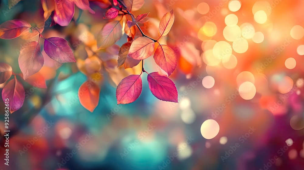 Poster a vibrant display of colorful leaves against a blurred backdrop, creating a dreamy and enchanting au