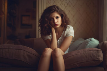 Fototapeta premium Sad girl at home. Depression or anxiety concept.