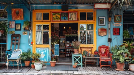 Vintage shop during a sunny afternoon, bright and colorful retro signage, antique furniture outside, inviting entrance with potted plants, dynamic and lively scene, high-definition clarity,