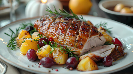 Magret de Canard in a white plate, in a luxurious shop.