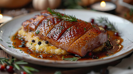 Magret de Canard in a white plate, in a luxurious shop.