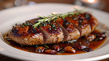 Magret de Canard in a white plate, in a luxurious shop.