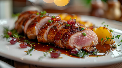 Magret de Canard in a white plate, in a luxurious shop.