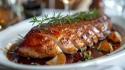 Magret de Canard in a white plate, in a luxurious shop.