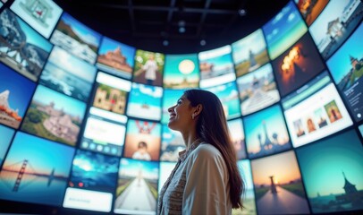 Indian Woman Immersed in a Vibrant Multimedia Display of Global Travel Destinations & Diverse Content.