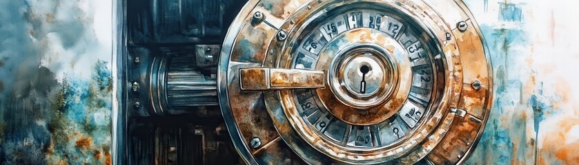 Obraz premium Vault with an elaborate combination lock, secured fortune, watercolor style