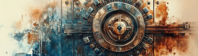 Naklejka premium Vault door with intricate locks, ultimate security for wealth, watercolor style