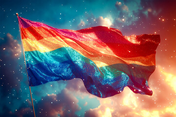 A blank lgbtq+ flag, floating in the air, glitter sparkling.