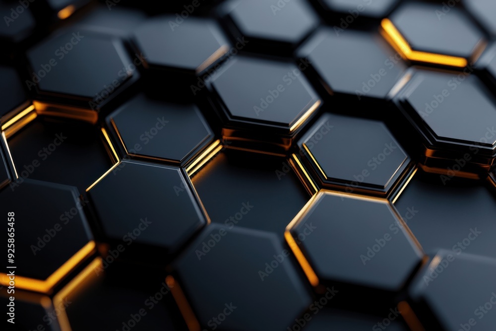 Poster sleek charcoal hexagonal formation with golden glowing lines. deep 3d textured pattern. luminous gri