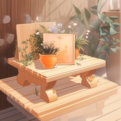 Inviting Blank Book Cover on a Wooden Rack: A Cozy Interior with Pot Plants, Evoking Home Décor and Branding Concepts Illustrations in 4K