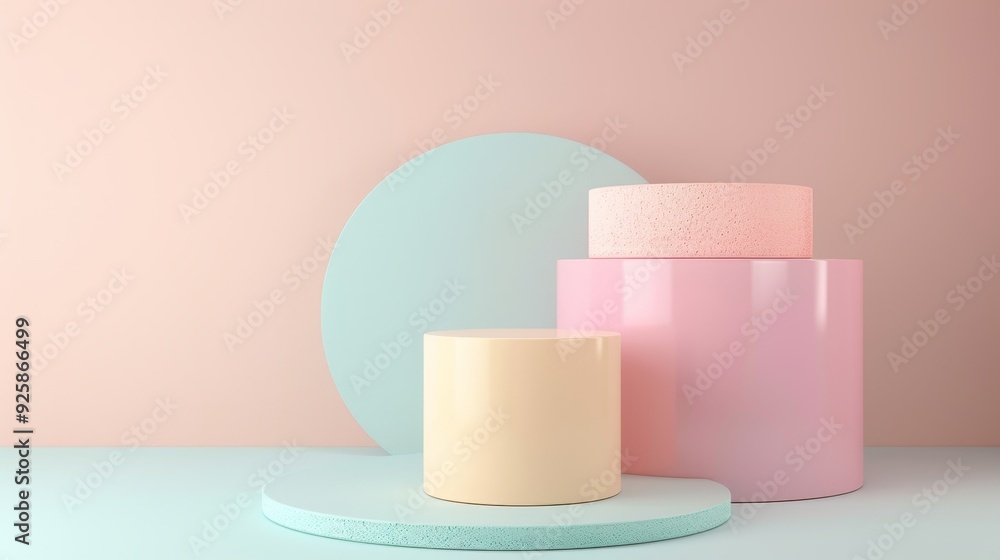Poster modern pastel colored geometric shapes arranged in minimalistic still life composition against soft 