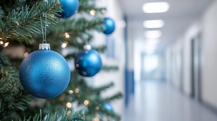Blue ornaments on a Christmas tree in a decorated office corridor